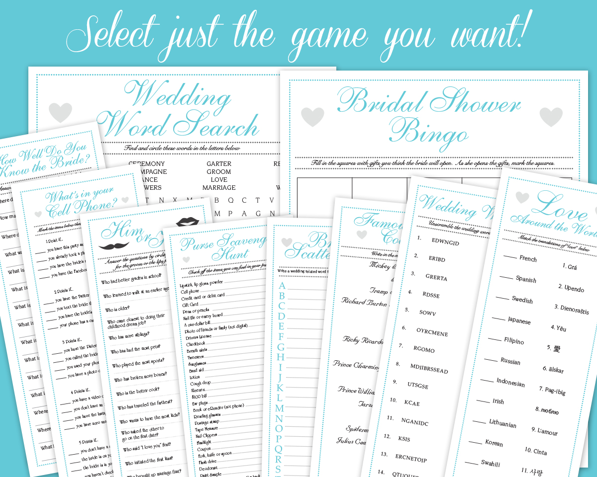Individual Aqua Blue Downloadable Bridal Shower Games