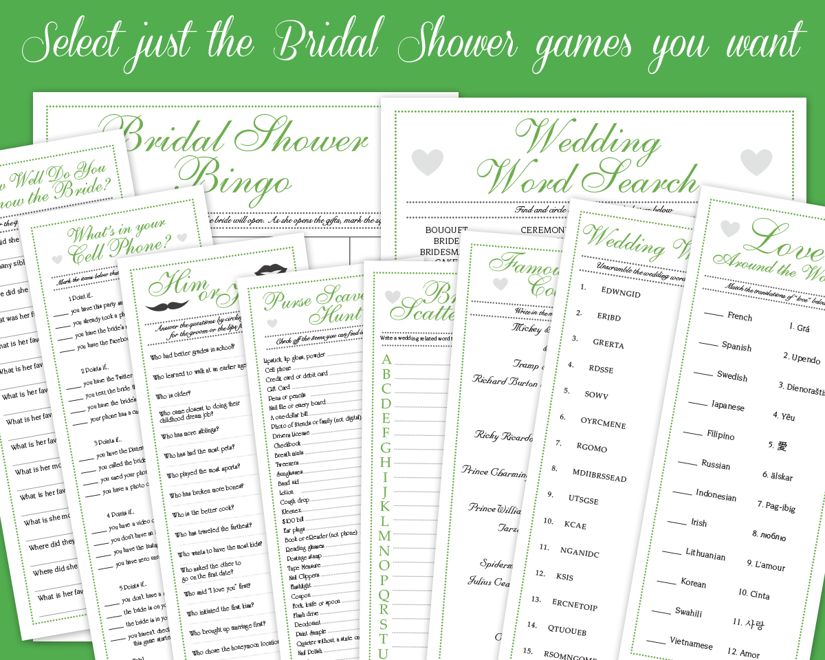 Individual Green Downloadable Bridal Shower Games