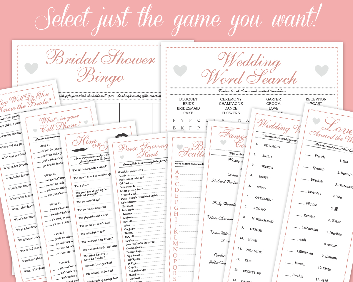 Individual Pink Downloadable Bridal Shower Games