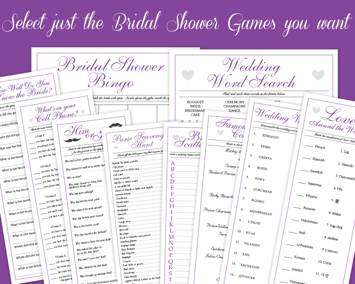 Individual Purple Downloadable Bridal Shower Games