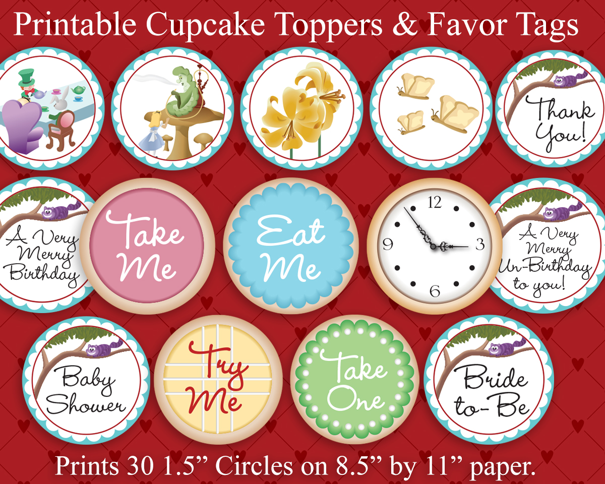 Alice in Wonderland Cupcake Toppers & Favor Tags