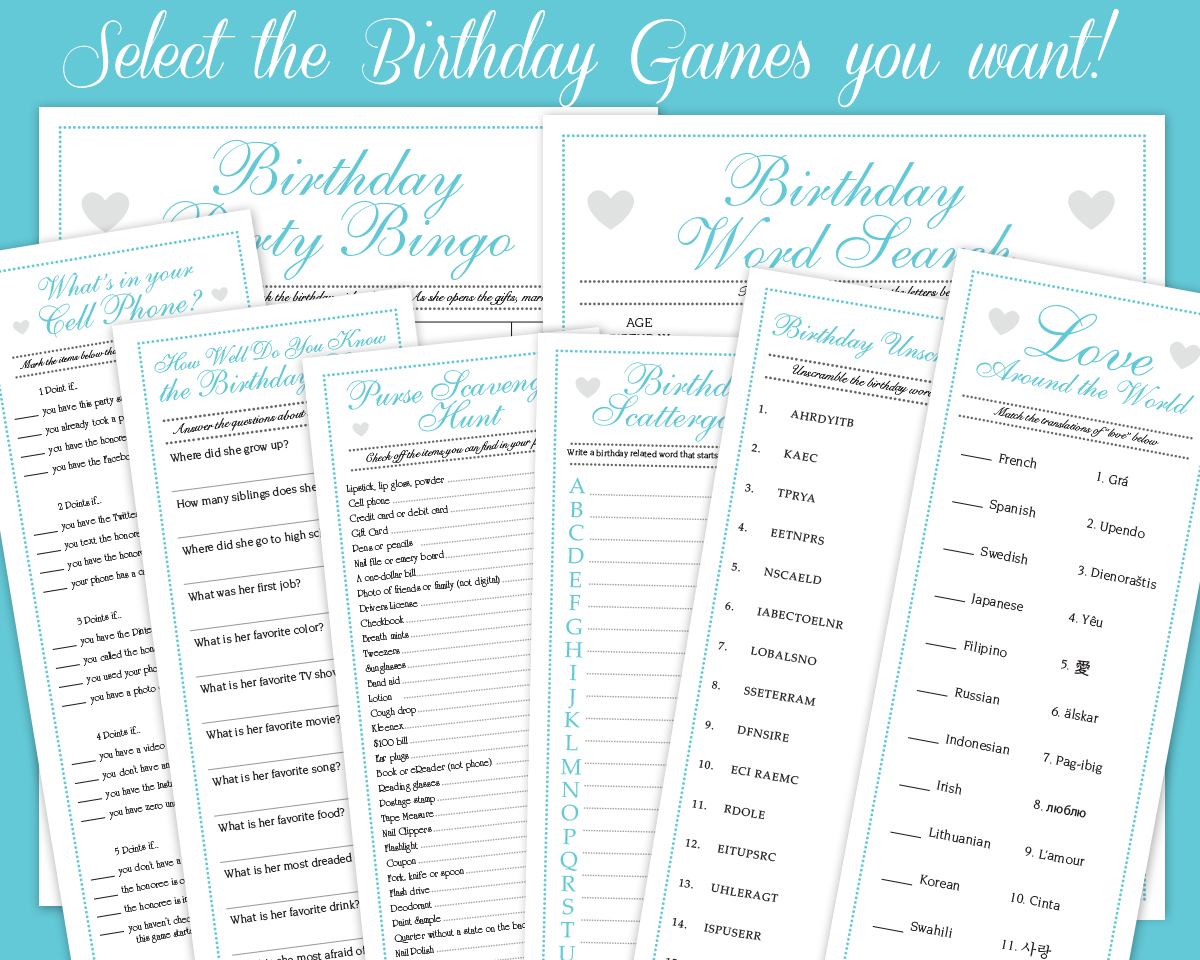 8 Fun Downloadable Birthday Party Games in Blue / Aqua