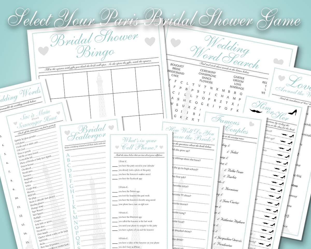 Individual Aqua Blue French Paris Downloadable Bridal Shower Games