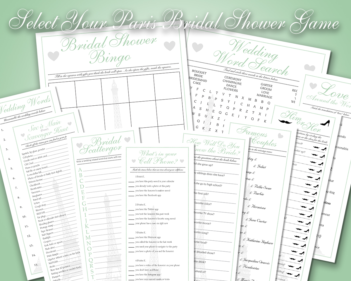 Individual Mint Green French Paris Downloadable Bridal Shower Games