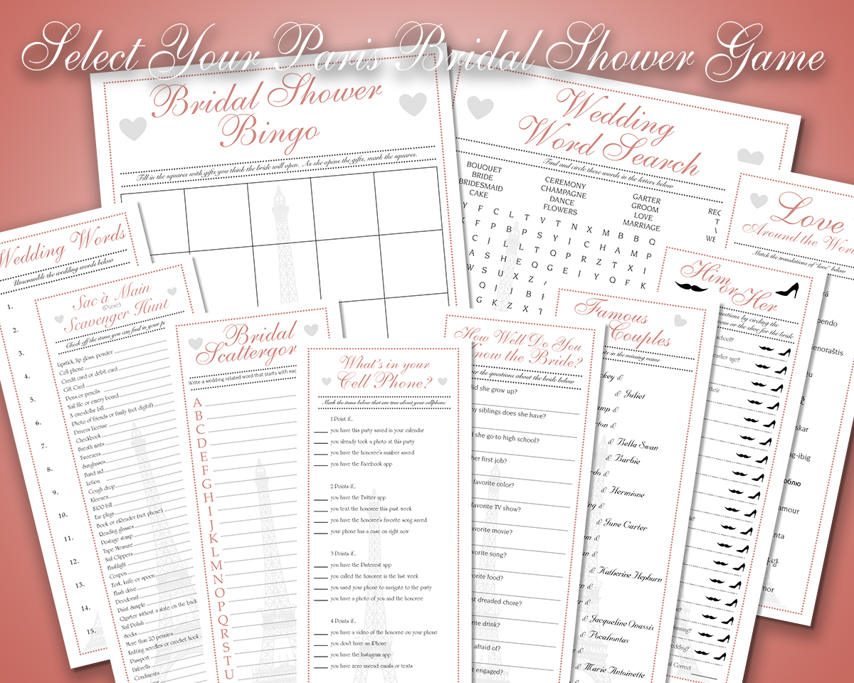 Individual Pink French Paris Downloadable Bridal Shower Games