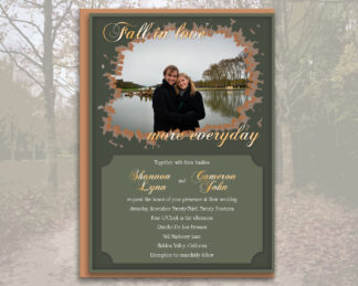 Fall in Love Custom Wedding, Bridal Shower, Save the Date Invitation in Green, Brown and Gold with Leaves
