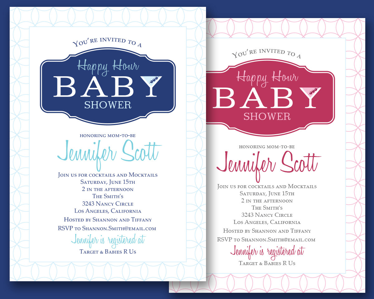 Custom Happy Hour Cocktail Party Baby Shower Invitation Downloadable File in Pink or Blue