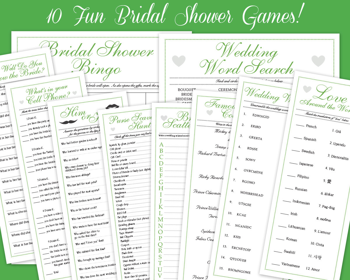 10 Green Bridal Shower Game Downloadable Collection