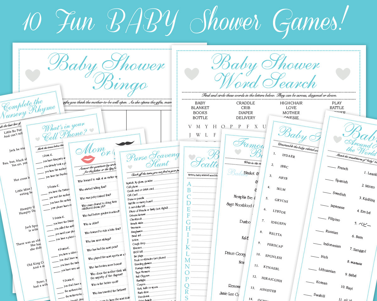 10 Aqua Blue Baby Shower Game Downloadable Collection