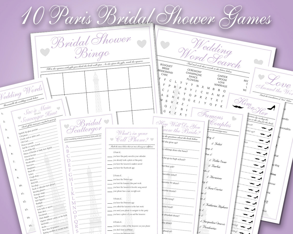 10 French Paris Bridal Shower Game Printables in Lavender Purple