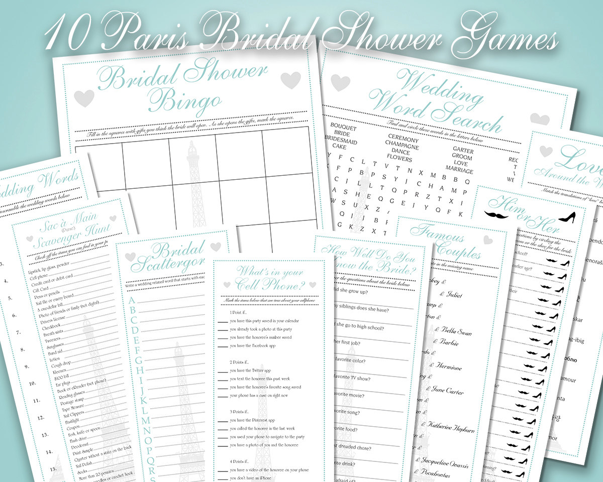 10 French Paris Bridal Shower Game Printables in Aqua Blue