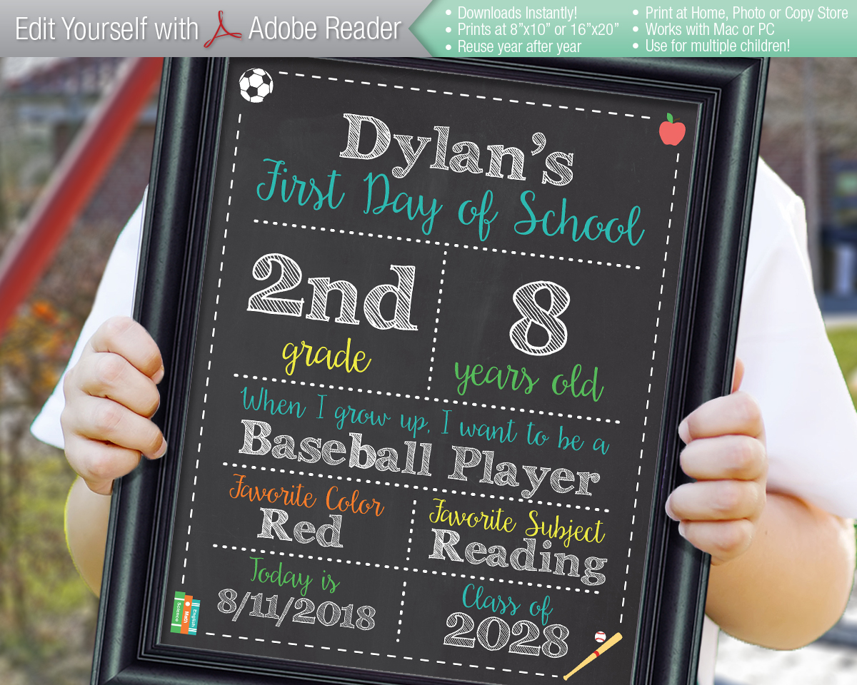 ORIGINAL SPORTY Editable First & Last Day of School Chalkboard Signs Instant Download File