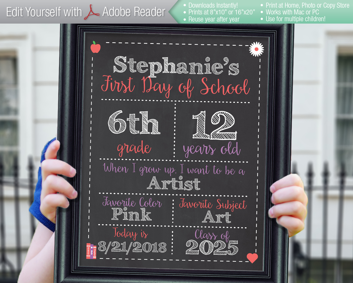 >ORIGINAL PINK Editable First Day of School Chalkboard Signs Instant Download File