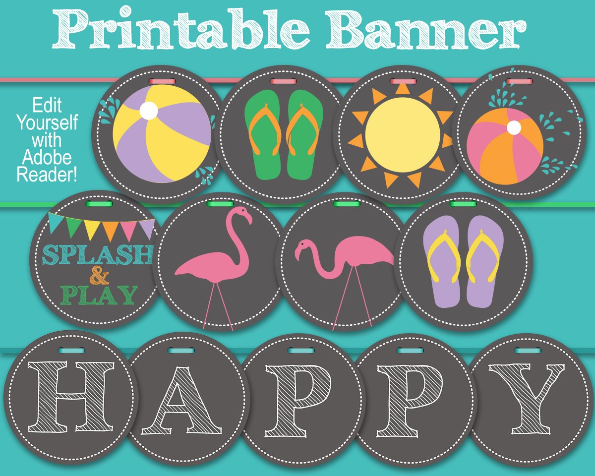 Editable Chalkboard Pool/Splash Party Circle Banner Digital File