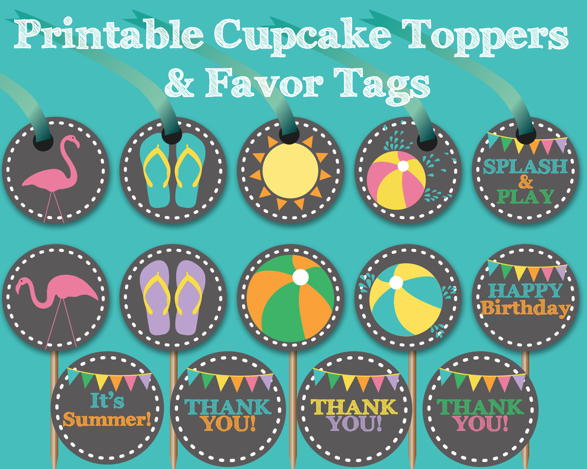 Chalkboard Pool/Splash Party Cupcake Toppers and Favor Tags Digital Files