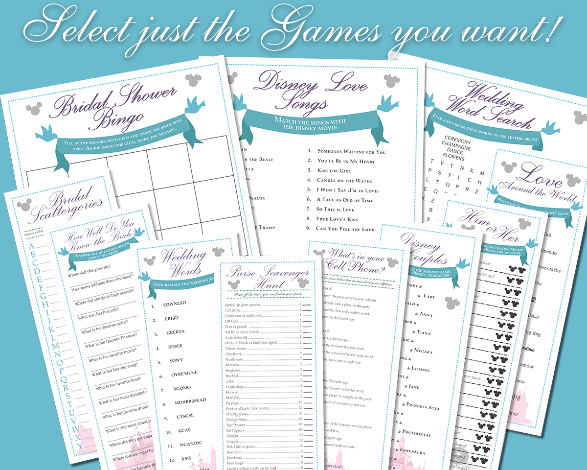 Individual Disney Themed Downloadable Bridal Shower Games